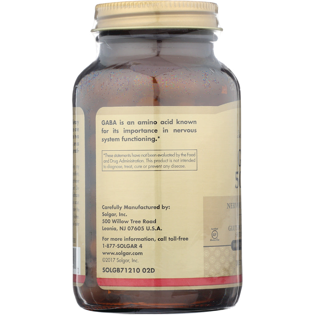 SLG351 | Back label of amber supplement bottle showing GABA is an amino acid known for its importance in nervous system functioning and Solgar manufacturing details - Thumbnail