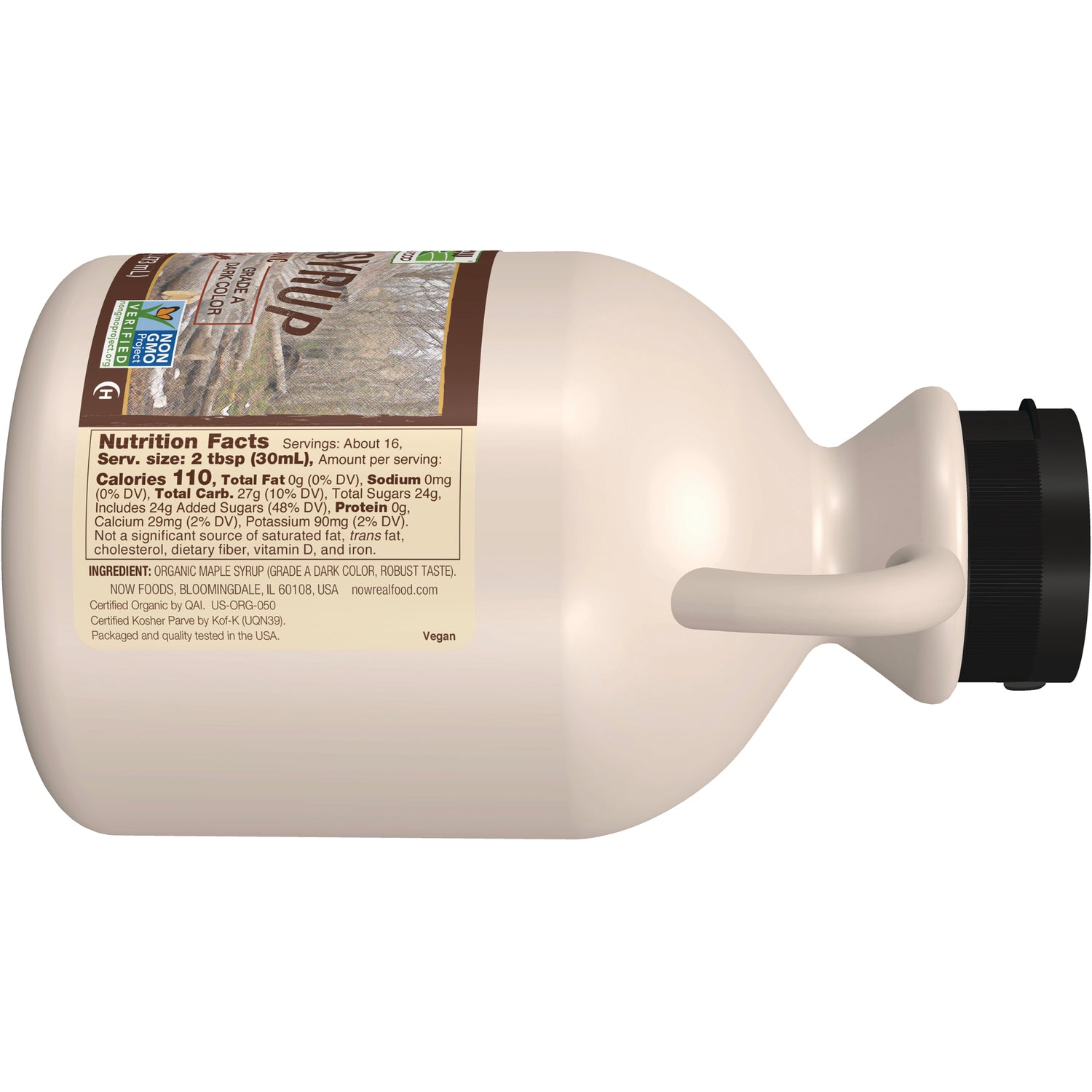 NWF081 | back label showing nutrition facts and ingredients on beige syrup jug with handle and black cap