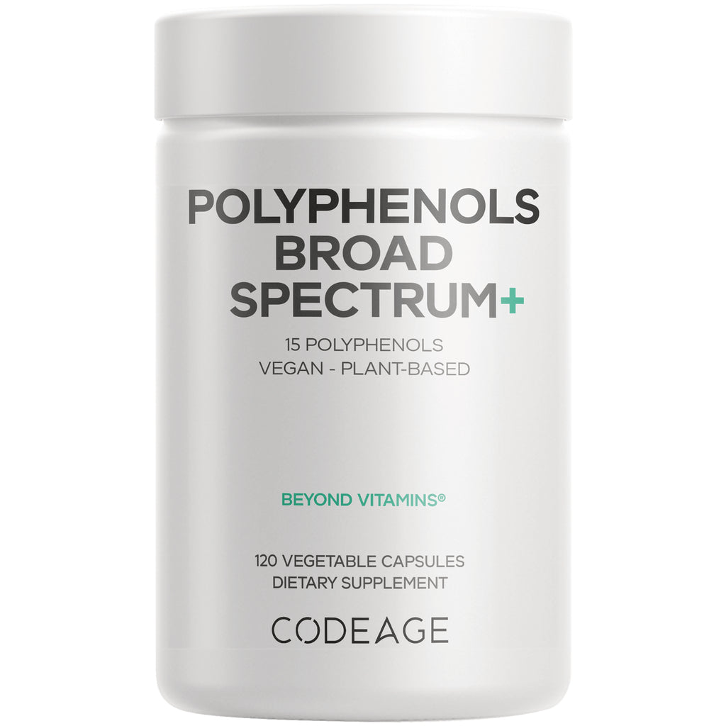 CDG054 | Codeage Polyphenols Broad Spectrum+ white supplement bottle labeled 120 vegetable capsules vegan plant-based - Thumbnail