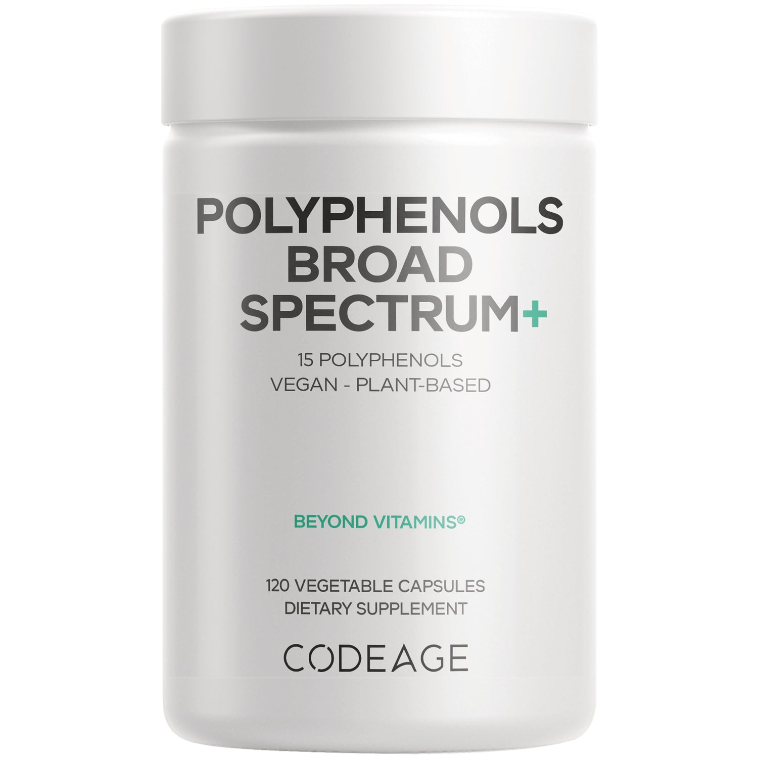 CDG054 | Codeage Polyphenols Broad Spectrum+ white supplement bottle labeled 120 vegetable capsules vegan plant-based
