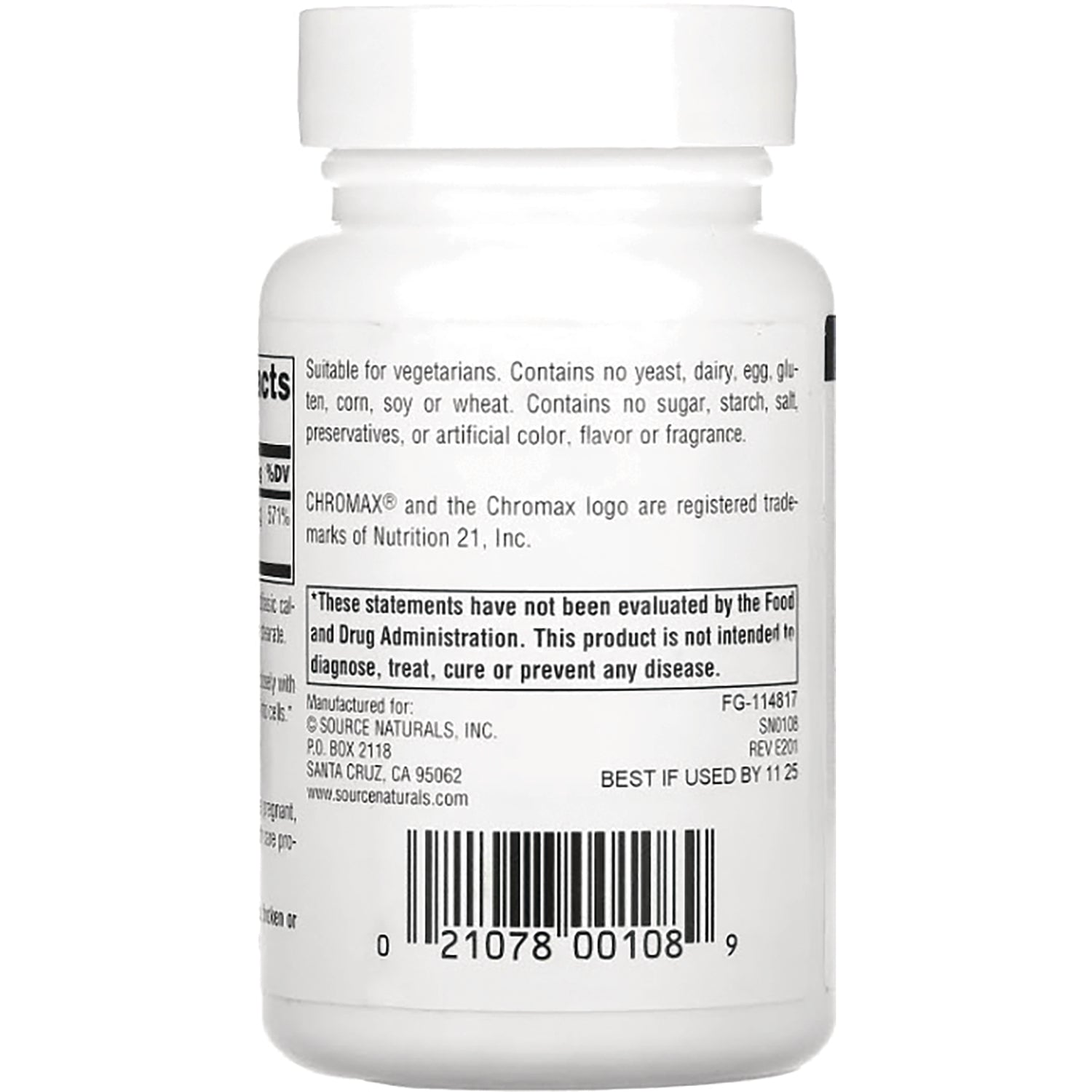 SN715 | Back label with supplement facts, FDA disclaimer, barcode, and BEST IF USED BY 11 25