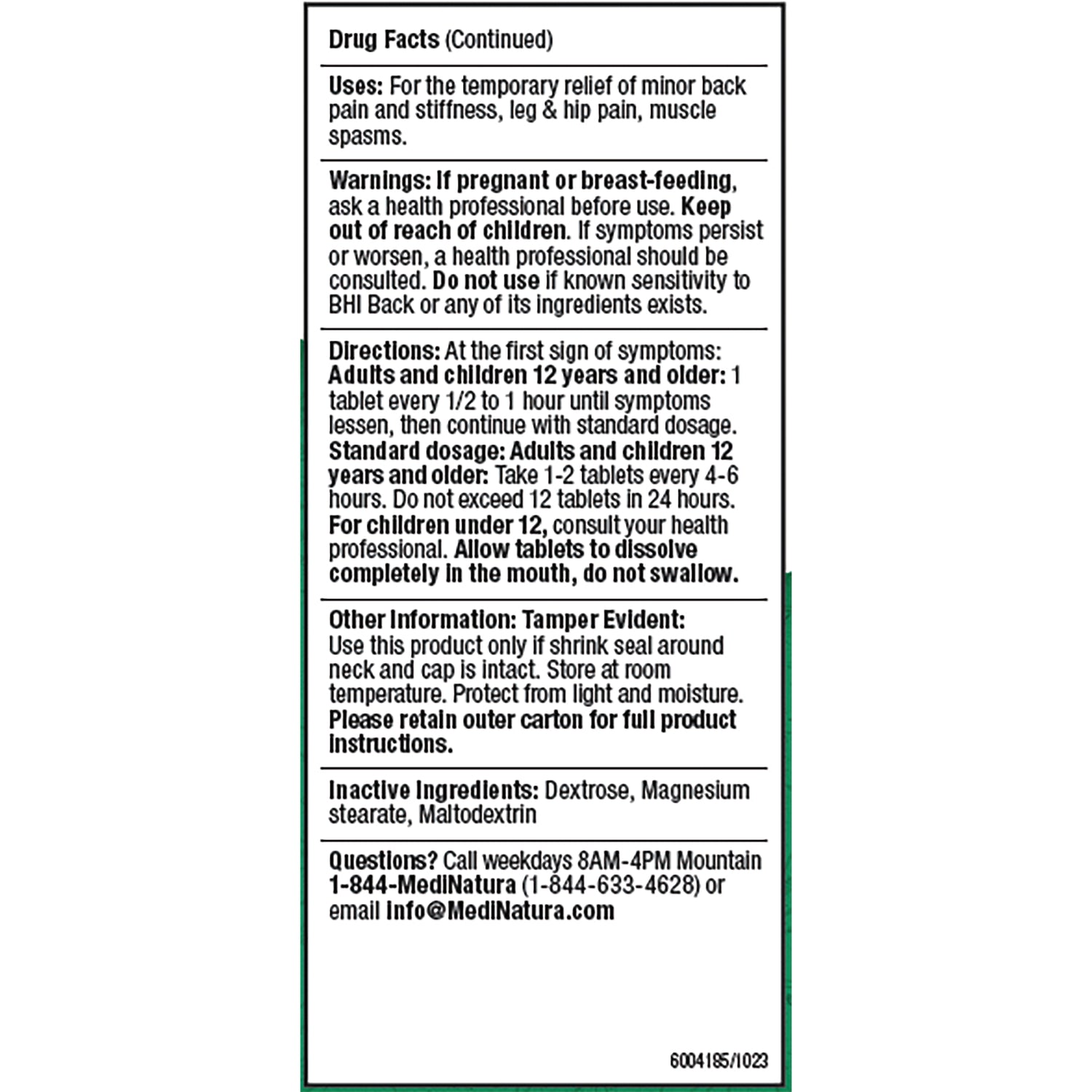 MNA035 | back of BHI Back pain relief tablets carton showing Drug Facts, directions, warnings and inactive ingredients