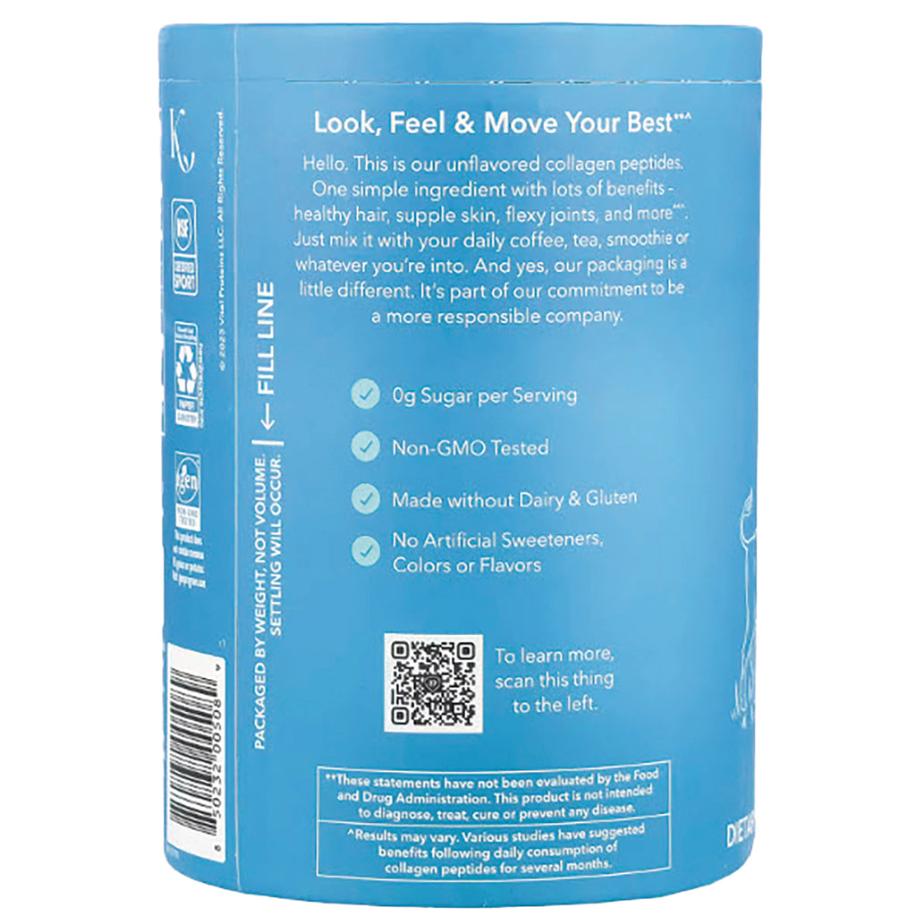 VPR002 | Back of collagen peptides canister with benefits: 0g sugar, non-GMO, no dairy or gluten, no artificial sweeteners - Thumbnail
