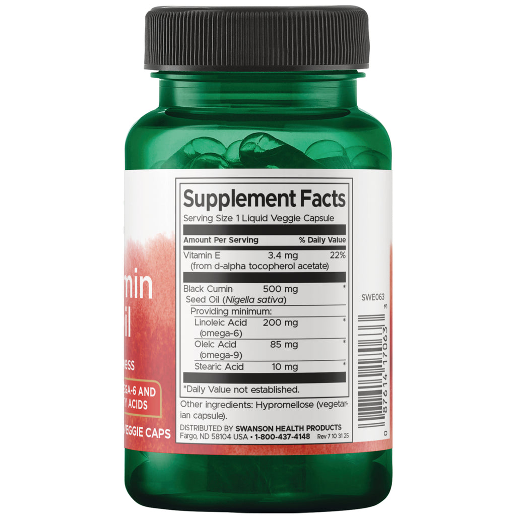 SWE063 | Back of bottle showing Supplement Facts for Black Cumin Seed Oil and barcode - Thumbnail