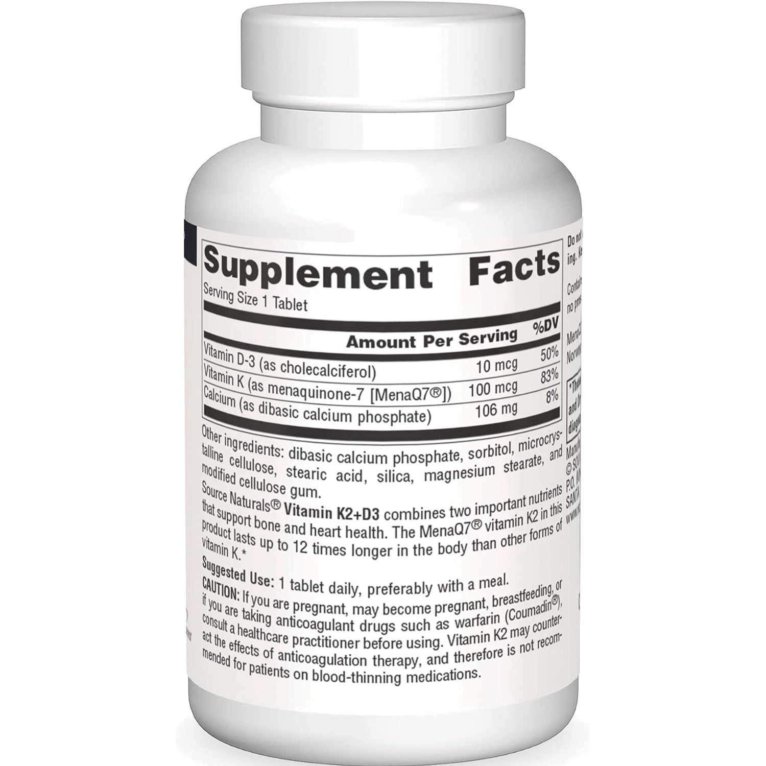 SN324 | Supplement Facts label showing Vitamin D-3, Vitamin K, and Calcium, plus other ingredients and suggested use