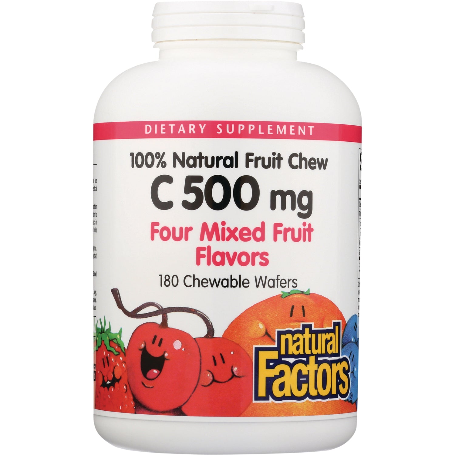 NFC092 | White bottle of Natural Factors C 500 mg chewable wafers, four mixed fruit flavors, 180-count
