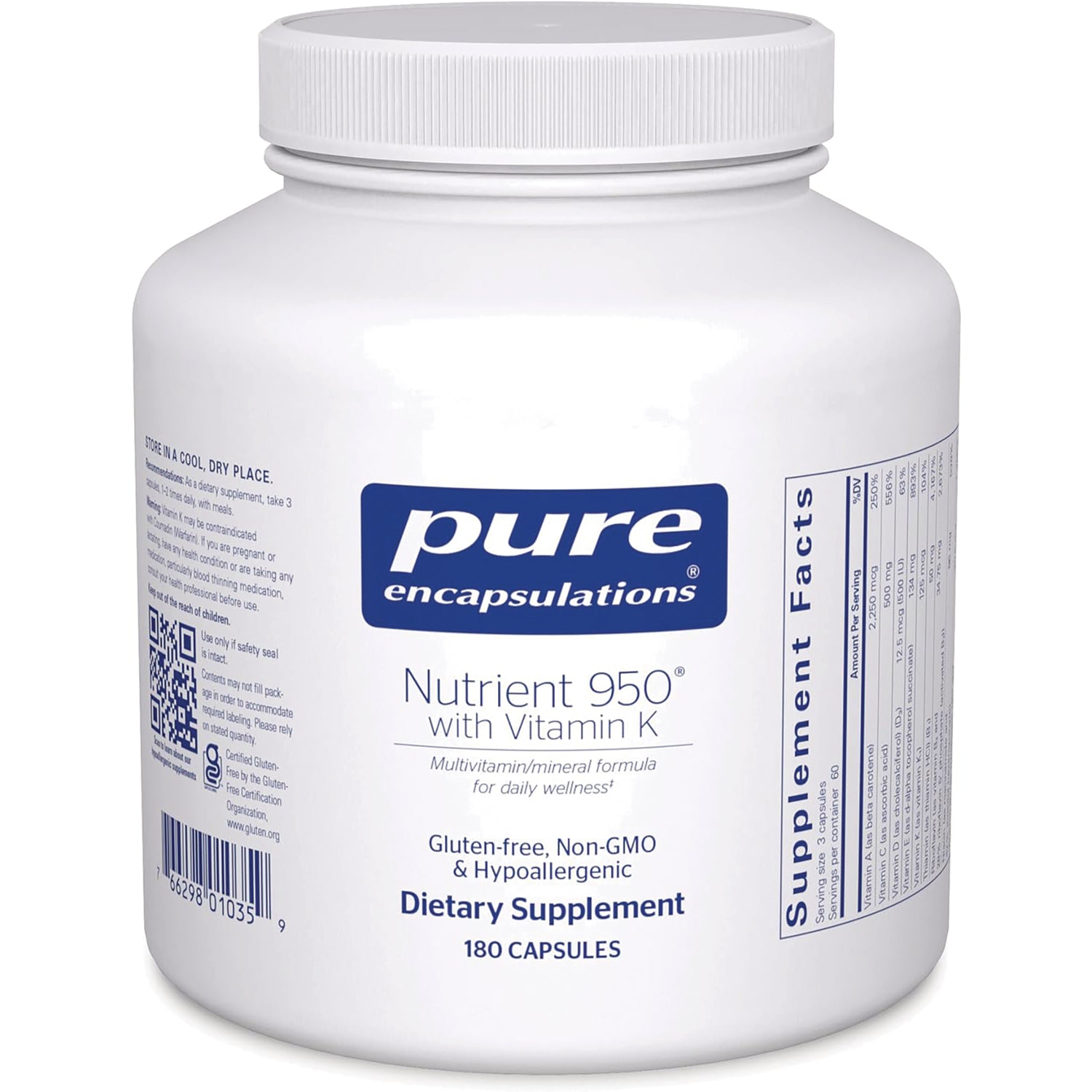 PRN006 | White jar of Pure Encapsulations Nutrient 950 with Vitamin K dietary supplement, 180 capsules