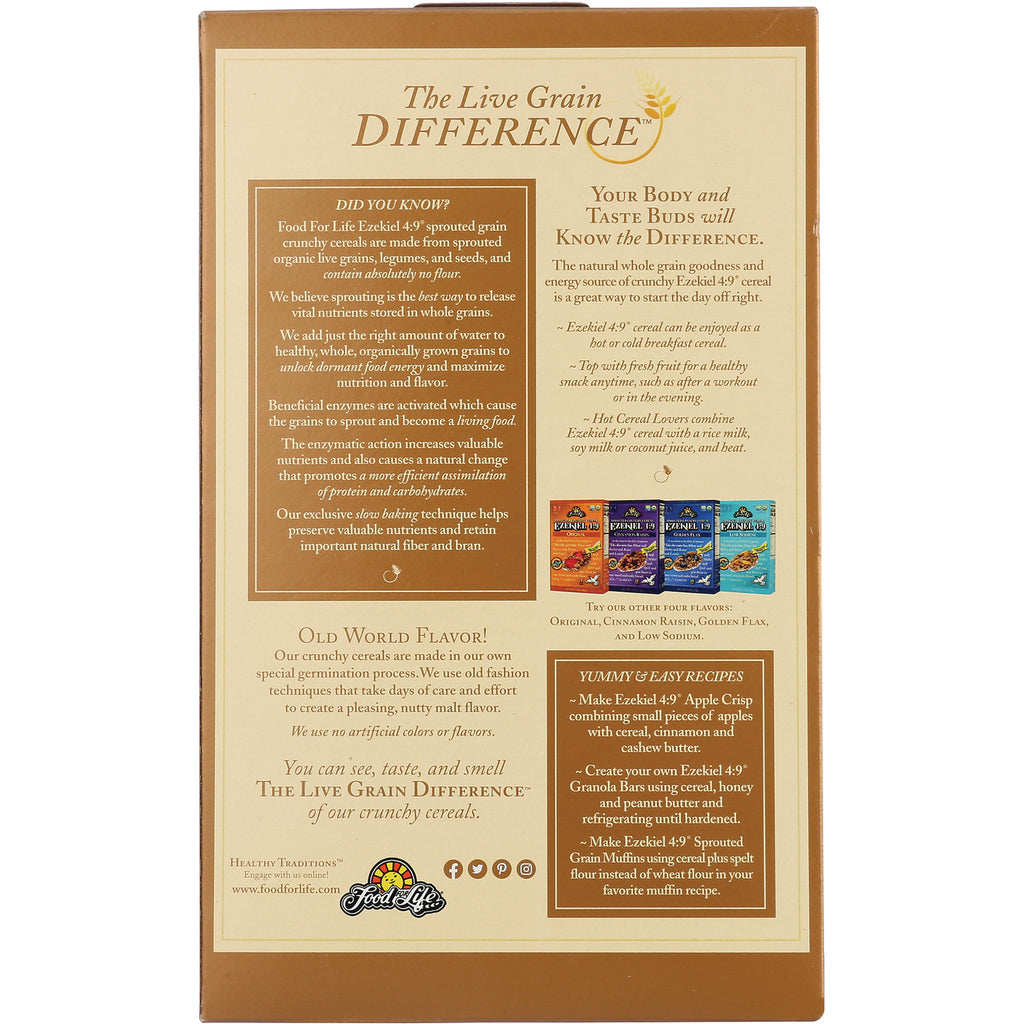FFL001 | Back panel infographic of cereal packaging labeled The Live Grain Difference with product features, recipes, and four small flavor images - Thumbnail