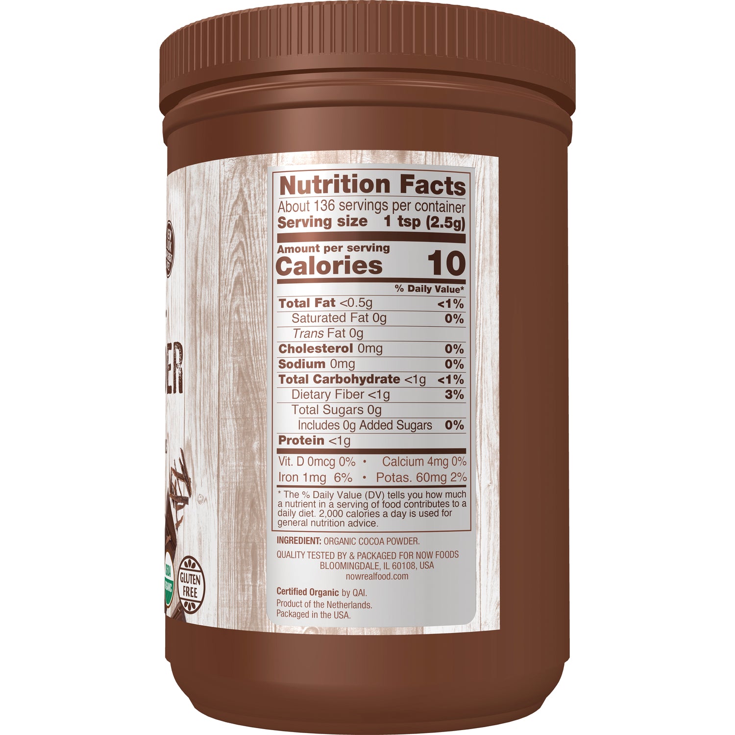 NWF389 | Back label showing Nutrition Facts panel and ingredients on brown cocoa powder container