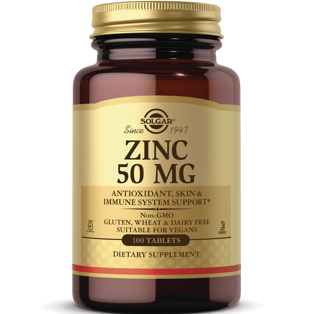 SLG309 | Solgar ZINC 50 MG brown bottle with gold label showing 100 TABLETS dietary supplement - Thumbnail