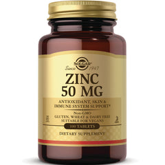 SLG309 | Solgar ZINC 50 MG brown bottle with gold label showing 100 TABLETS dietary supplement