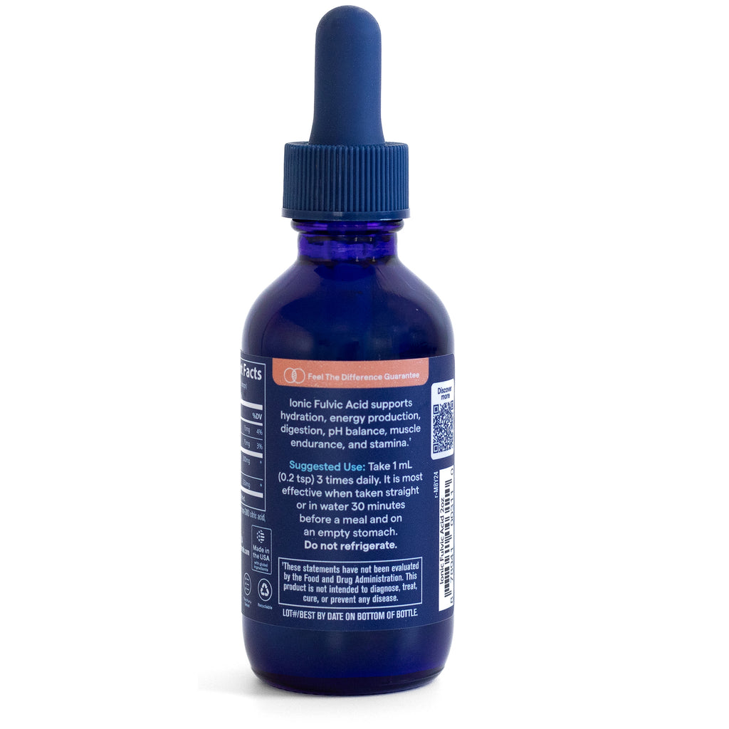 TM126 | Blue dropper bottle, back label showing Ionic Fulvic Acid benefits and Suggested Use: Take 1 mL 3 times daily - Thumbnail