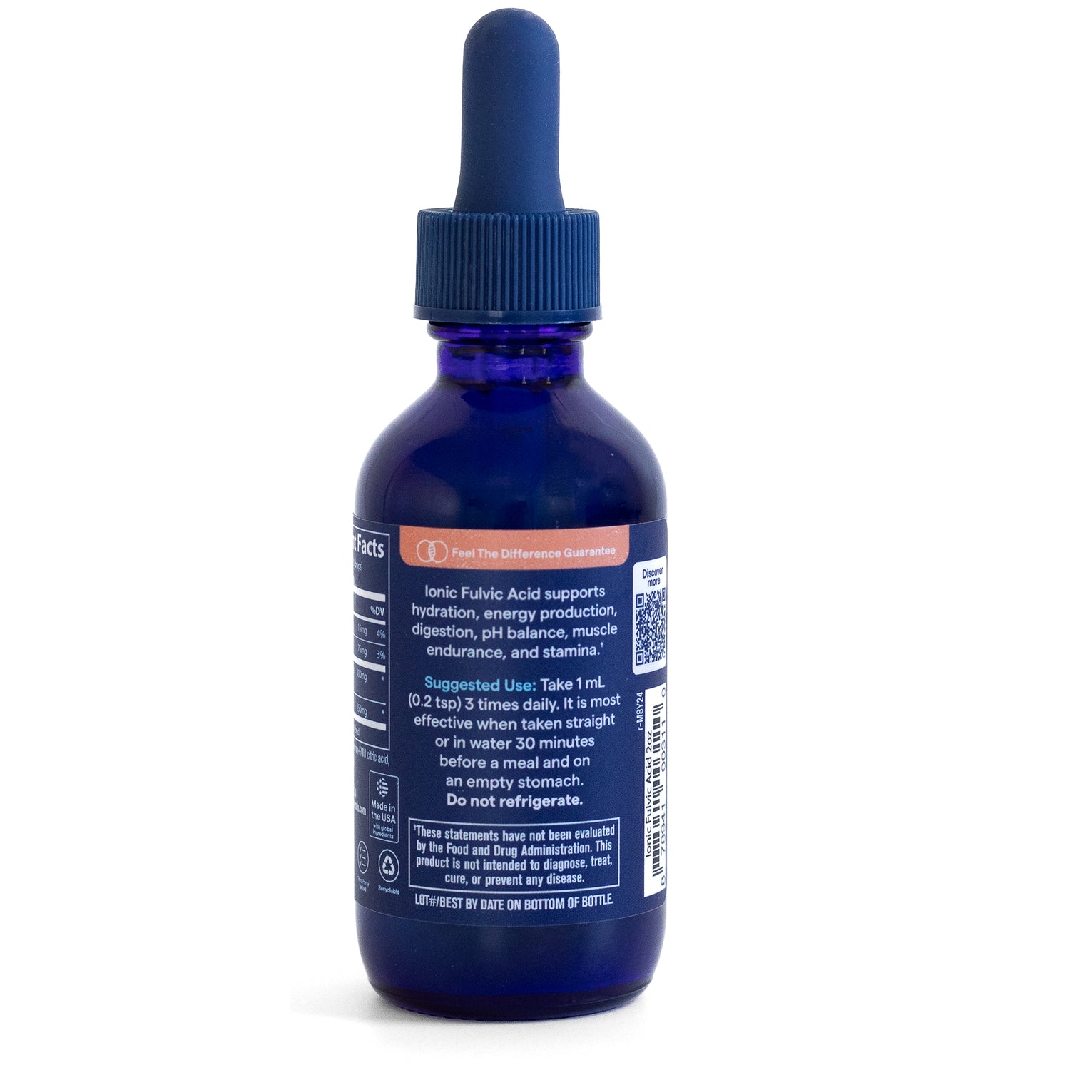 TM126 | Blue dropper bottle, back label showing Ionic Fulvic Acid benefits and Suggested Use: Take 1 mL 3 times daily