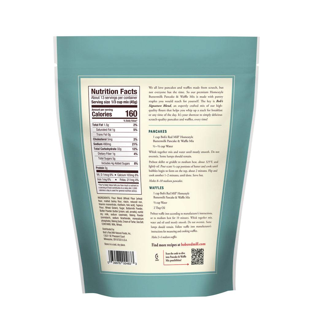 BOB482 | back of teal pancake mix pouch showing nutrition facts, ingredients, and cooking instructions - Thumbnail