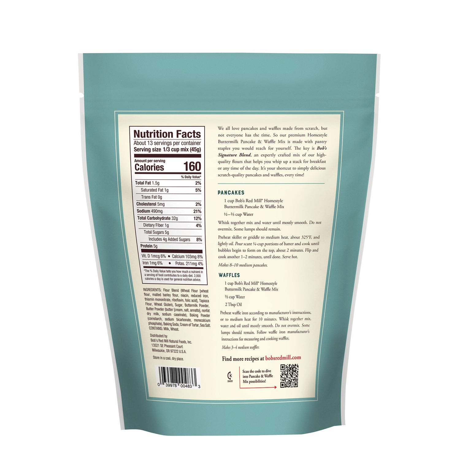 BOB482 | back of teal pancake mix pouch showing nutrition facts, ingredients, and cooking instructions