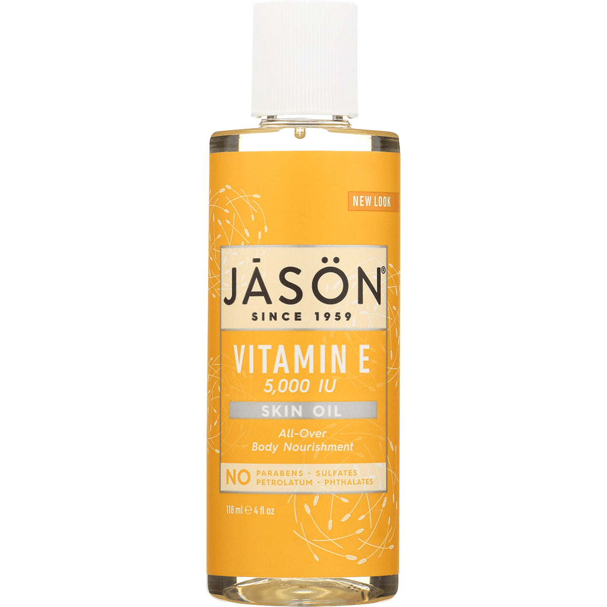 JC033 | Jason Vitamin E 5,000 IU skin oil bottle front with orange label, 118 ml