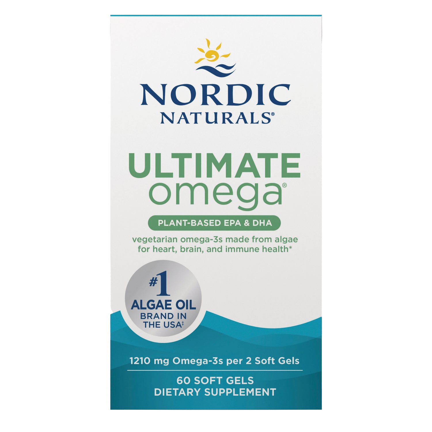 NRN139 | Front of Nordic Naturals Ultimate Omega plant-based algae oil box, 60 soft gels, 1210 mg omega-3s per 2 soft gels