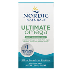 NRN139 | Front of Nordic Naturals Ultimate Omega plant-based algae oil box, 60 soft gels, 1210 mg omega-3s per 2 soft gels
