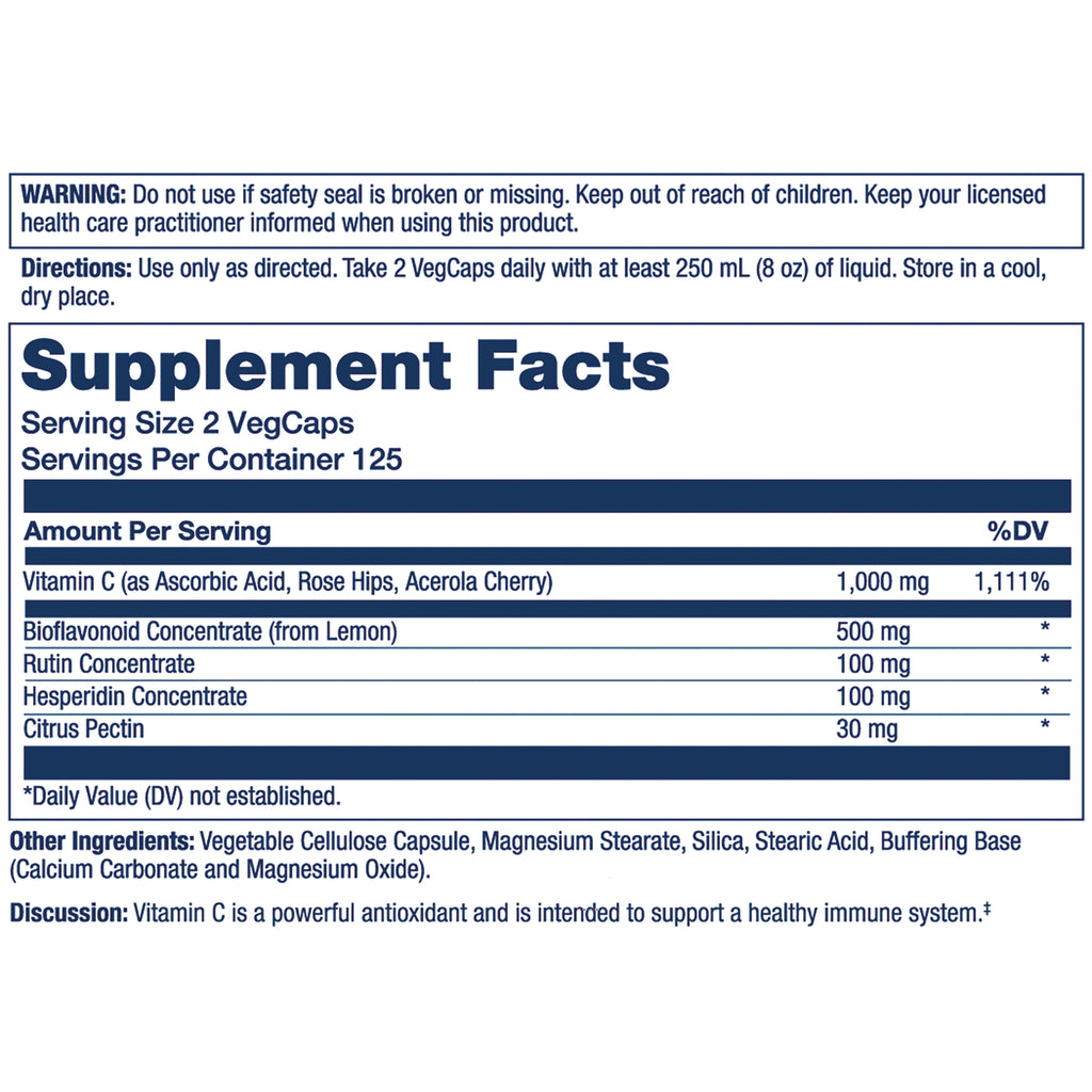 SLR320 | supplement facts label showing serving size 2 VegCaps, Vitamin C 1,000 mg and other ingredients - Thumbnail