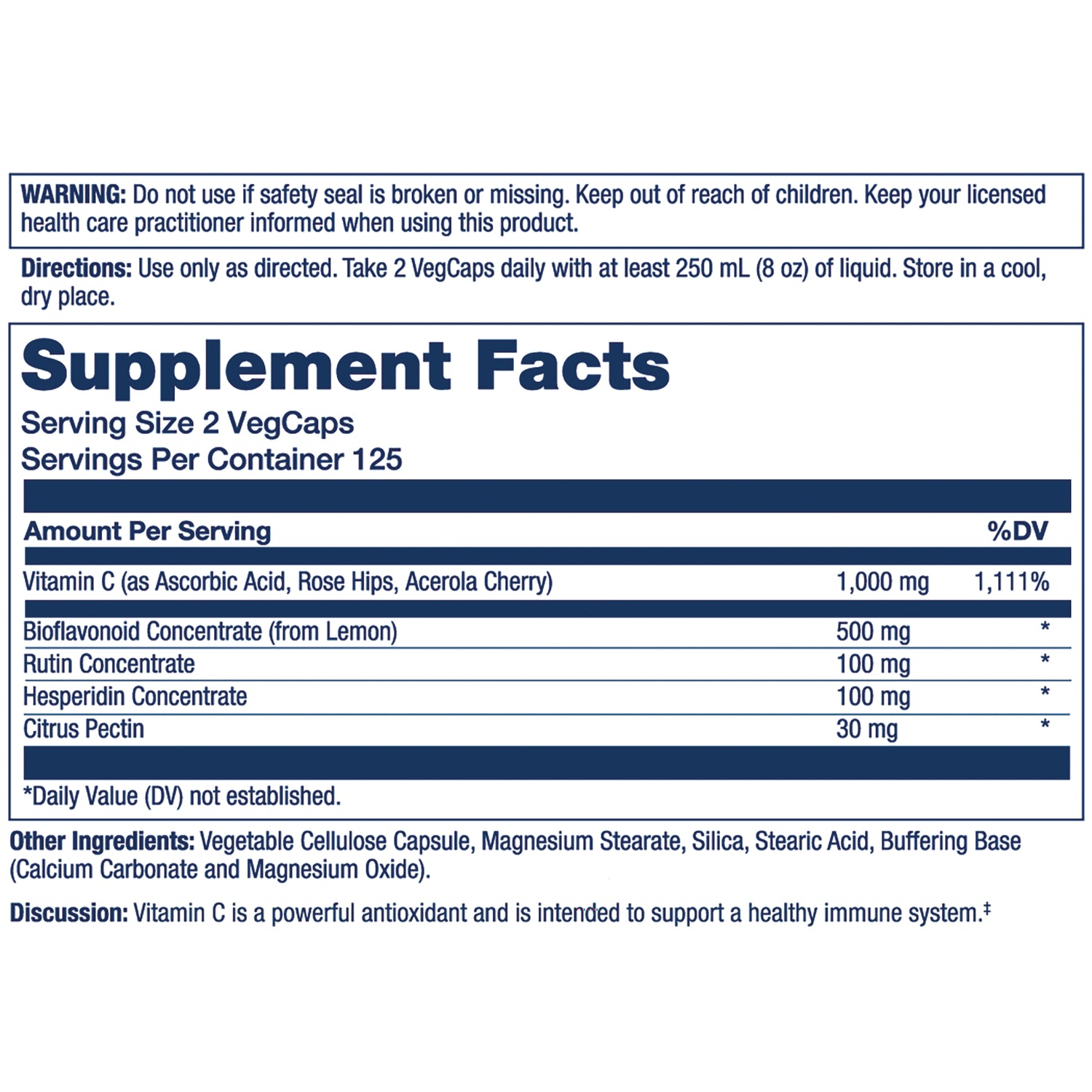 SLR320 | supplement facts label showing serving size 2 VegCaps, Vitamin C 1,000 mg and other ingredients