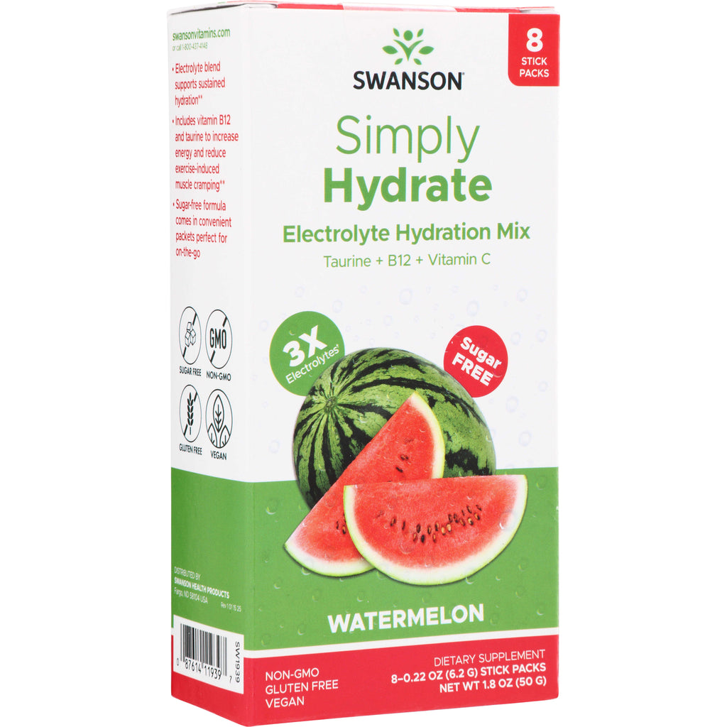 SW1939 | Swanson Simply Hydrate Electrolyte Hydration Mix, Watermelon, sugar free, 8 stick packs - Thumbnail