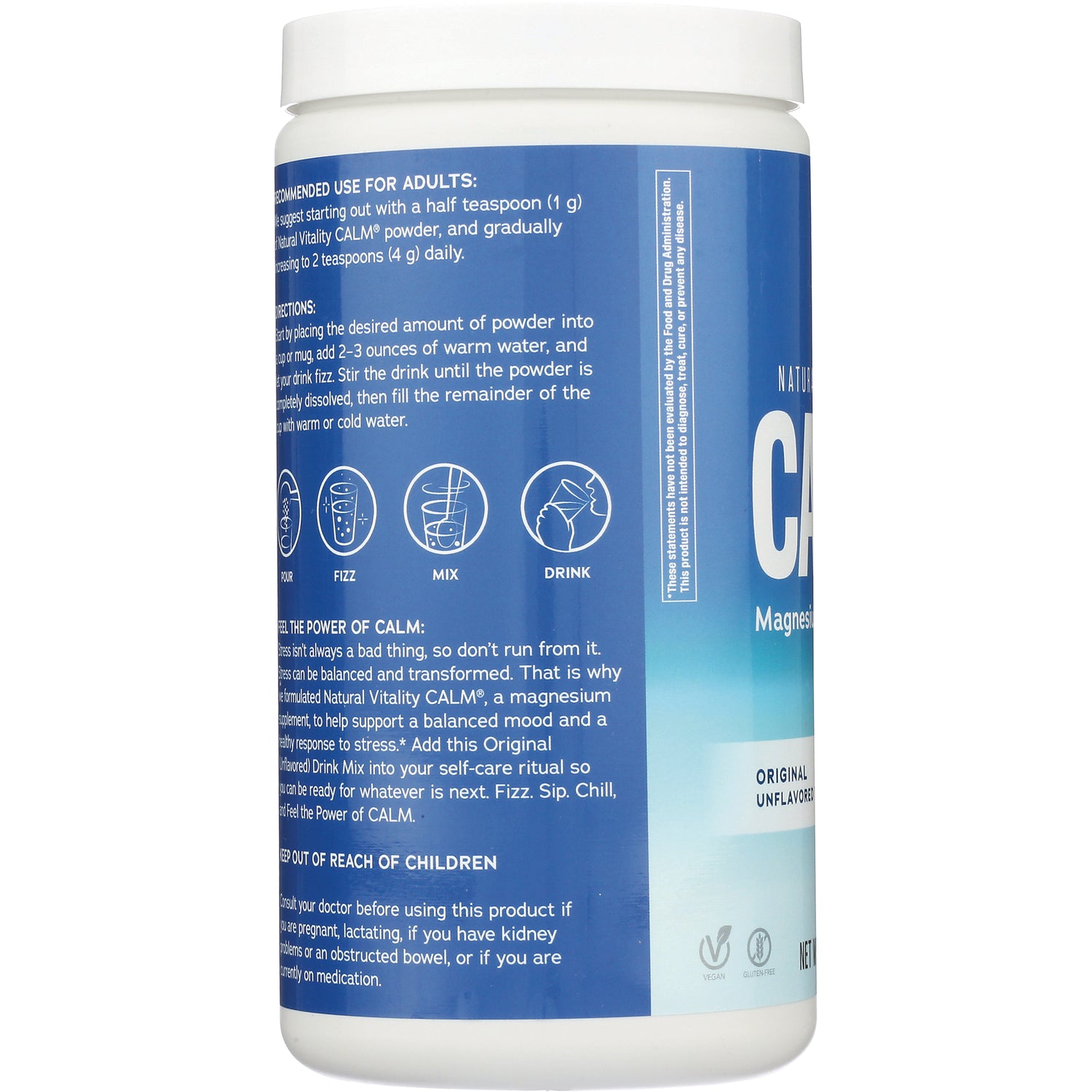 NVT001 | blue supplement tub side label showing directions, usage icons, and warnings