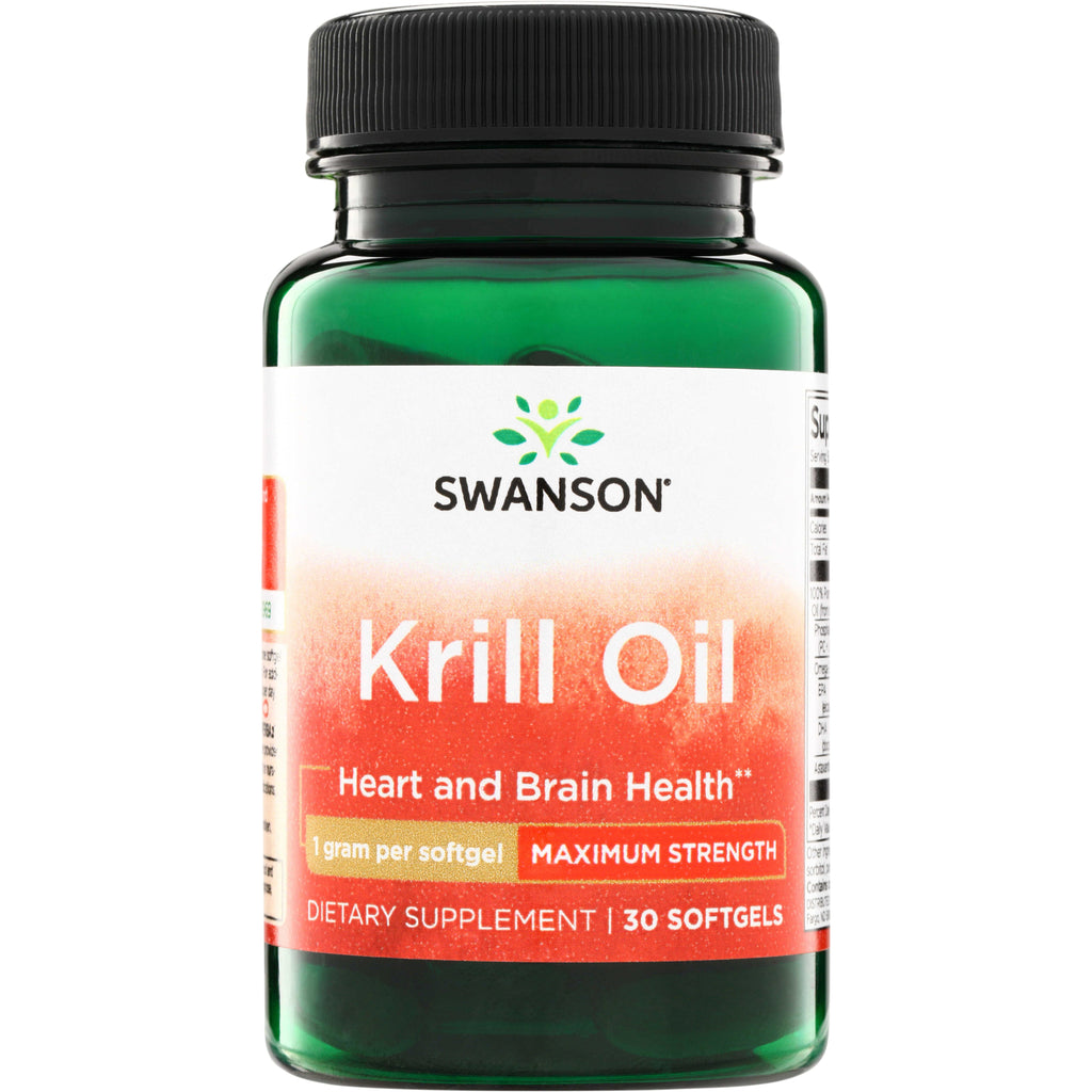 SWE065 | Swanson Krill Oil bottle, 30 softgels, labeled "Heart and Brain Health" and "Maximum Strength" - Thumbnail