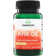 SWE065 | Swanson Krill Oil bottle, 30 softgels, labeled "Heart and Brain Health" and "Maximum Strength"