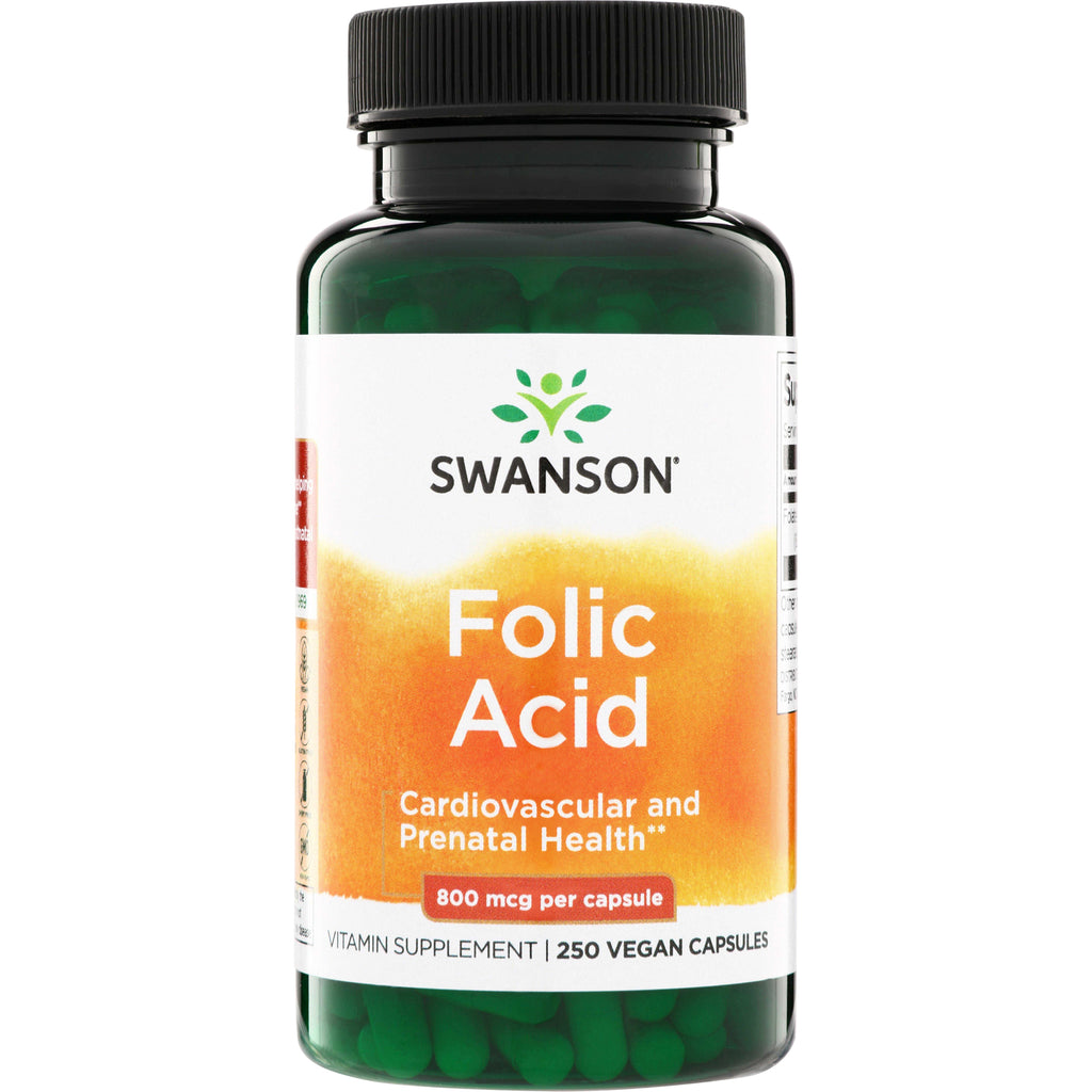 SW035 | Swanson Folic Acid supplement, 800 mcg per capsule, 250 vegan capsules bottle front - Thumbnail
