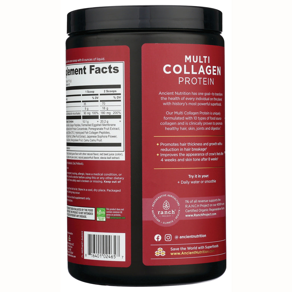 ATN045 | Back of Multi Collagen Protein container showing supplement facts, ingredients panel and brand copy - Thumbnail