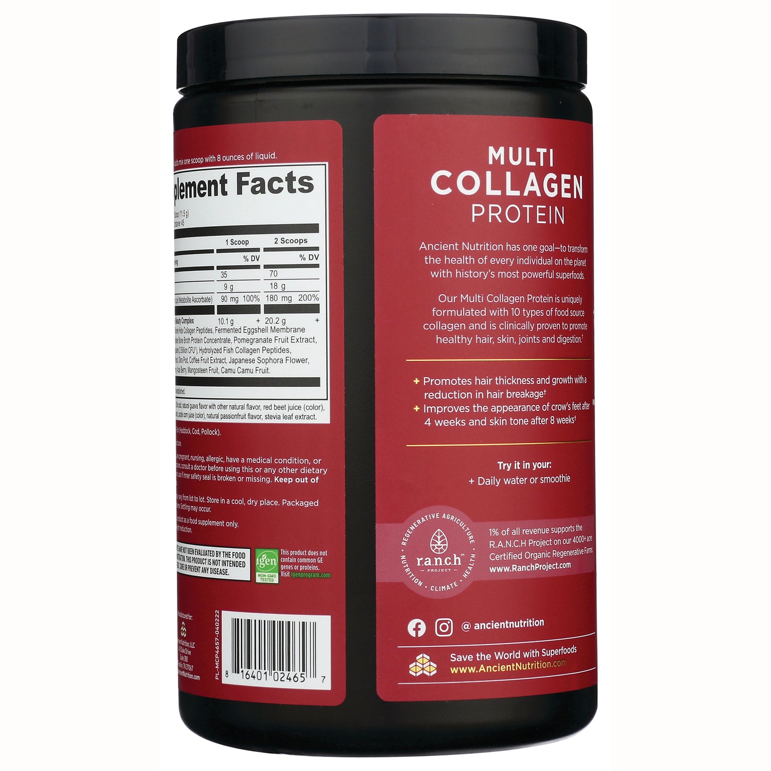 ATN045 | Back of Multi Collagen Protein container showing supplement facts, ingredients panel and brand copy
