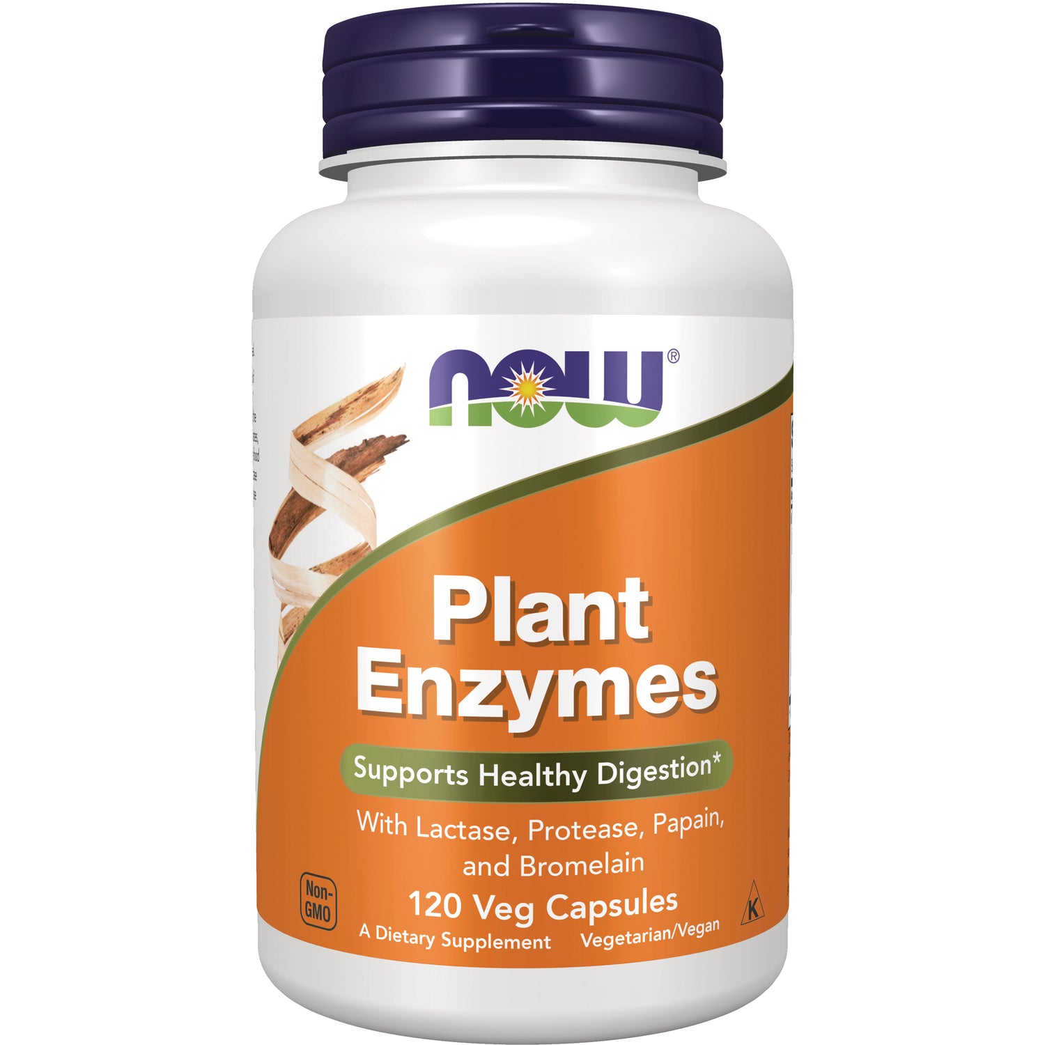 NWF082 | NOW Plant Enzymes supplement bottle, 120 Veg Capsules, orange front label reading Supports Healthy Digestion