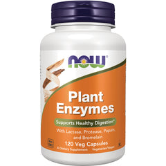 NWF082 | NOW Plant Enzymes supplement bottle, 120 Veg Capsules, orange front label reading Supports Healthy Digestion