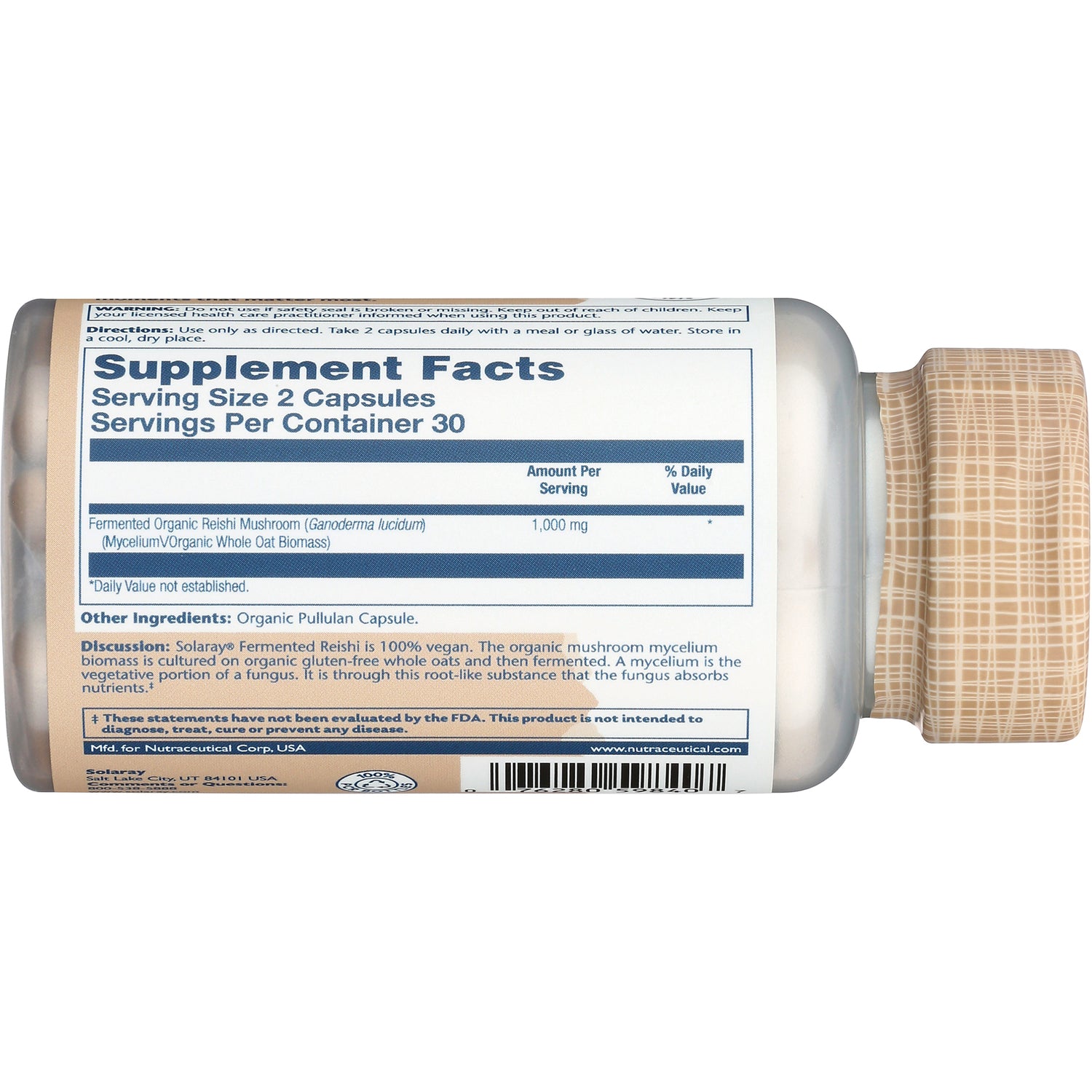 SLR464 | Bottle back label showing Supplement Facts and ingredients for fermented Reishi mushroom, serving size 2 capsules