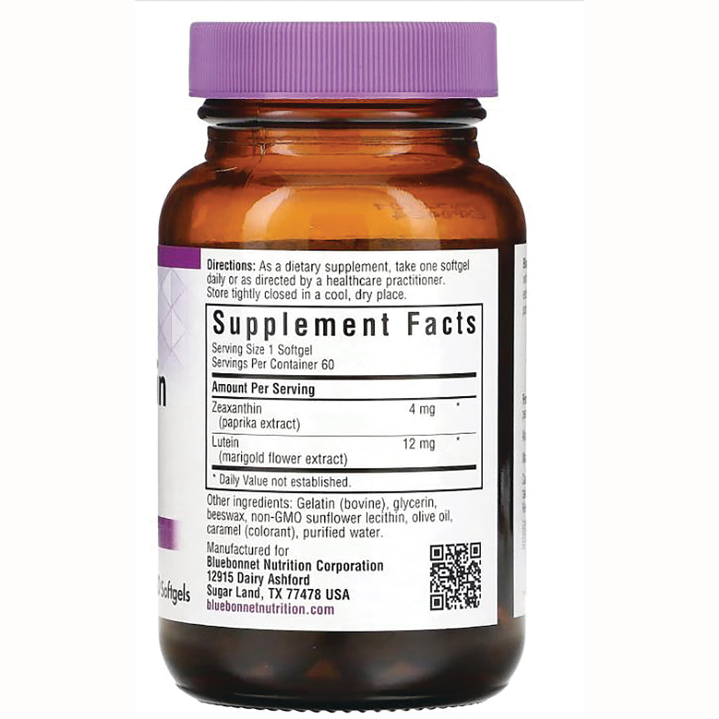 BLU137 | Back of amber supplement bottle with purple cap showing Supplement Facts panel with zeaxanthin 4 mg and lutein 12 mg, QR code - Thumbnail