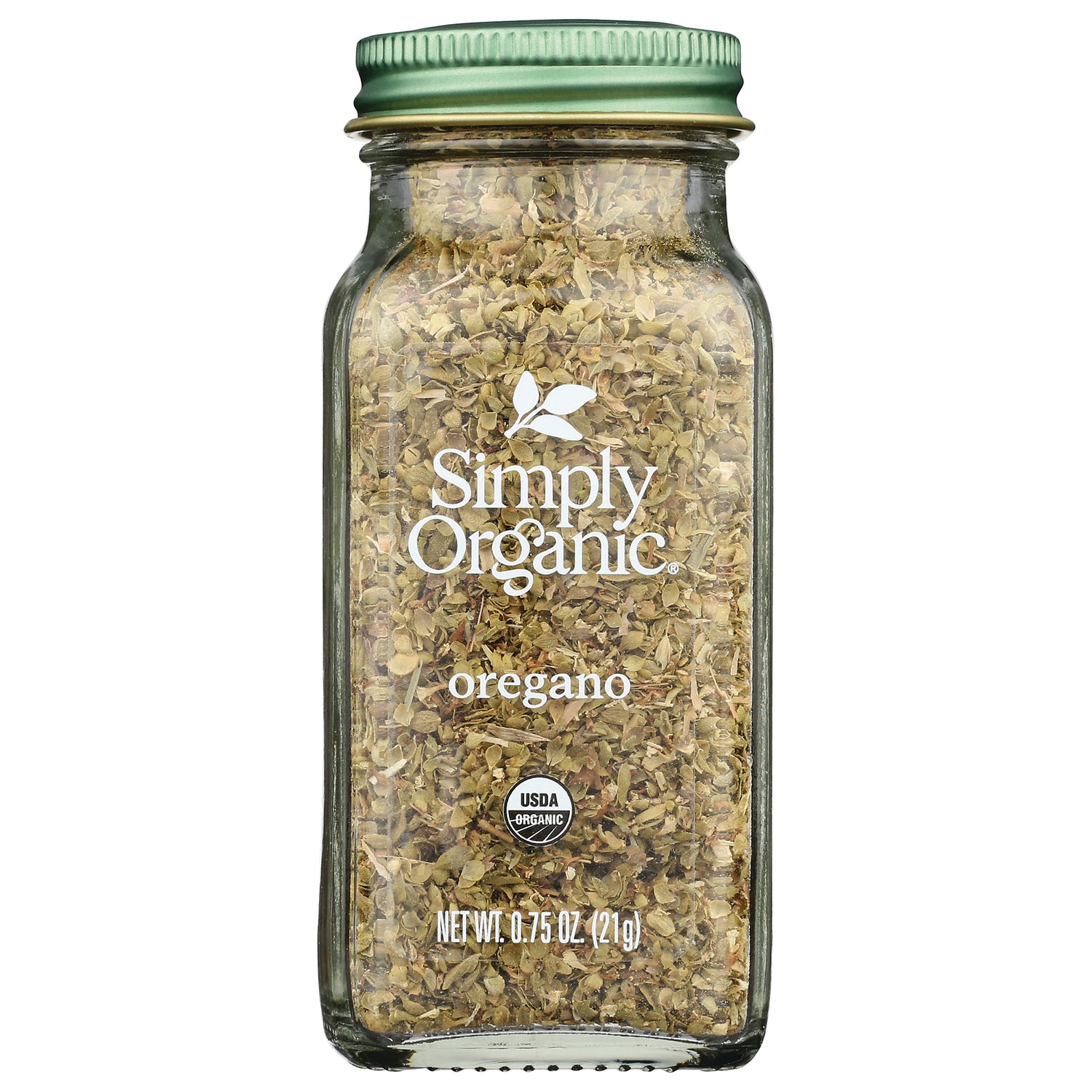 SMP016 | Simply Organic jar of dried oregano in glass bottle with green lid and USDA Organic seal