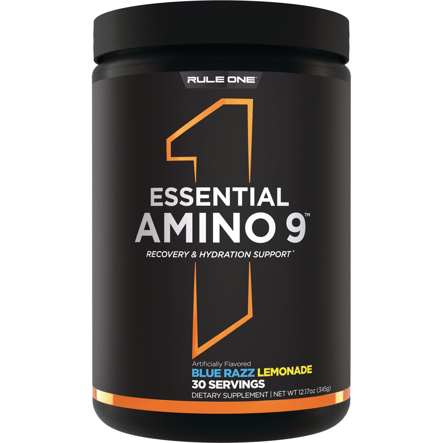 RO014 | Rule One Essential Amino 9 supplement tub front label, Blue Razz Lemonade flavor, 30 servings