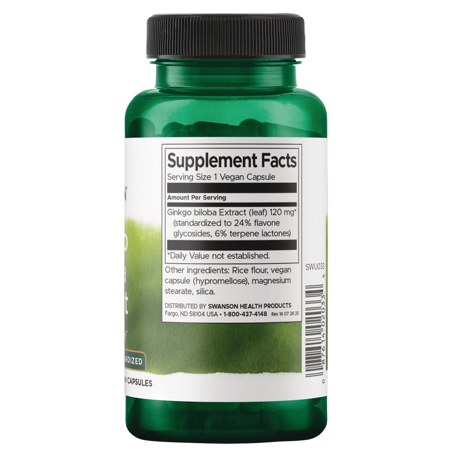 SWU033 | Supplement Facts panel: Ginkgo biloba extract 120 mg per vegan capsule, other ingredients and warnings