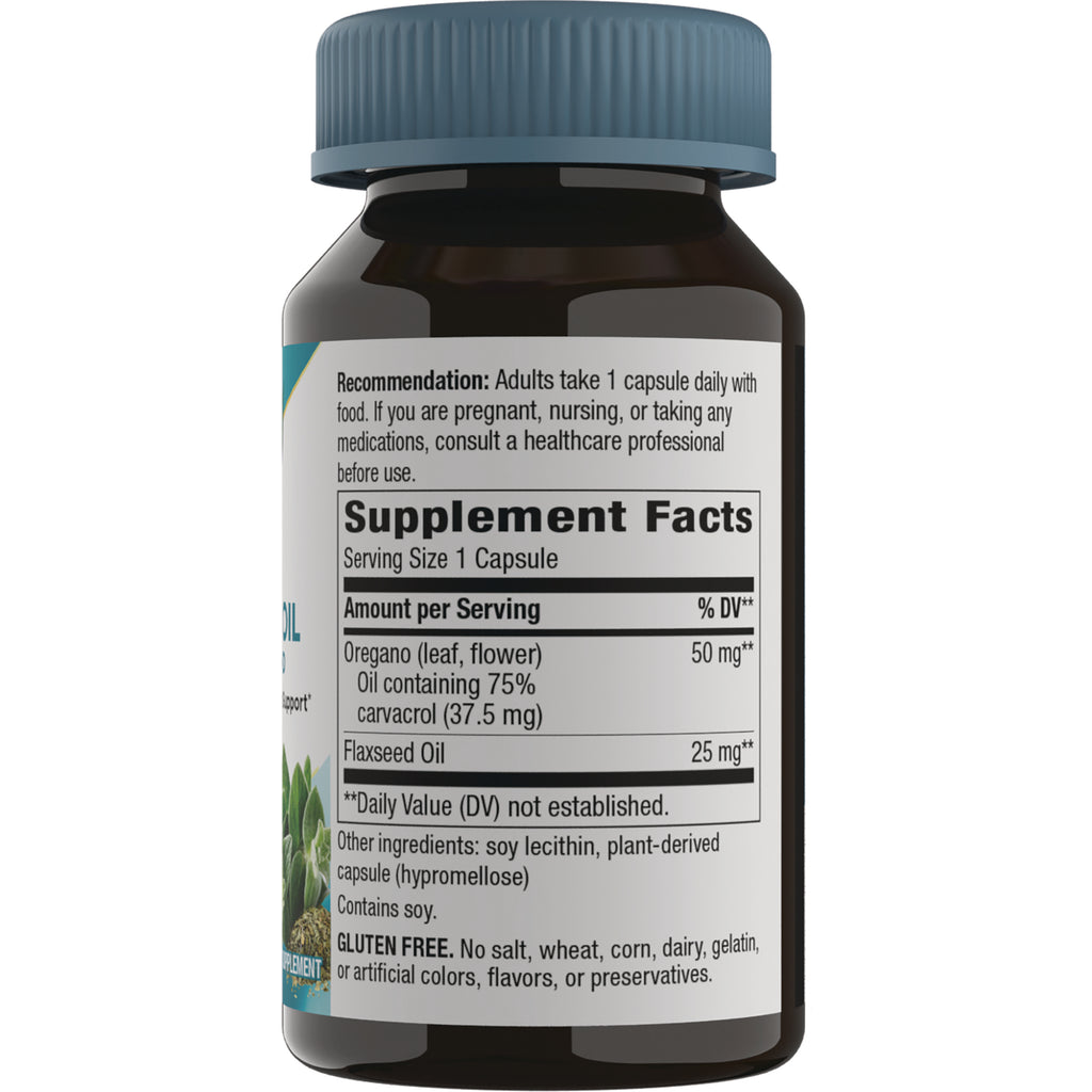 NW630 | Back of brown supplement bottle showing Supplement Facts panel listing Oregano oil 50 mg, Flaxseed Oil 25 mg and usage recommendation - Thumbnail