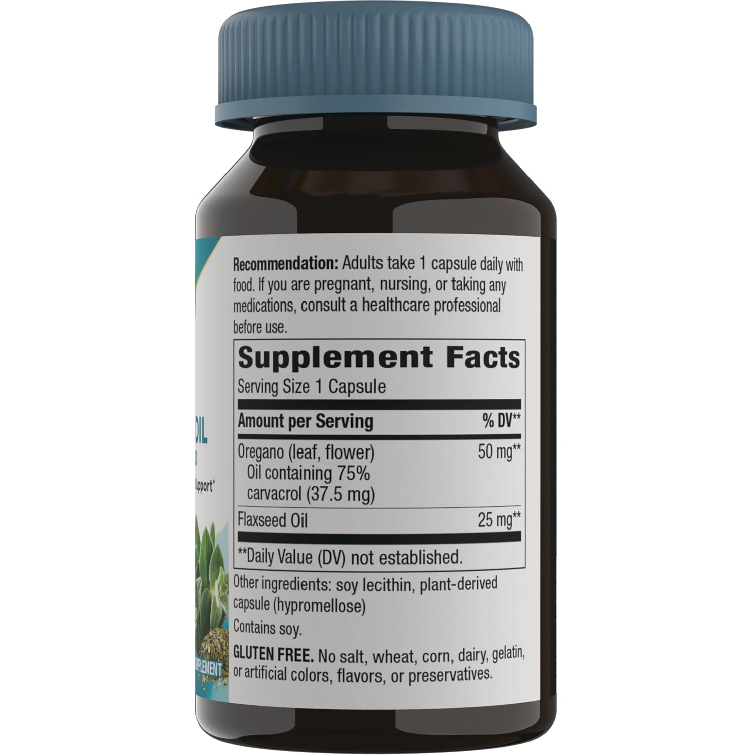 NW630 | Back of brown supplement bottle showing Supplement Facts panel listing Oregano oil 50 mg, Flaxseed Oil 25 mg and usage recommendation