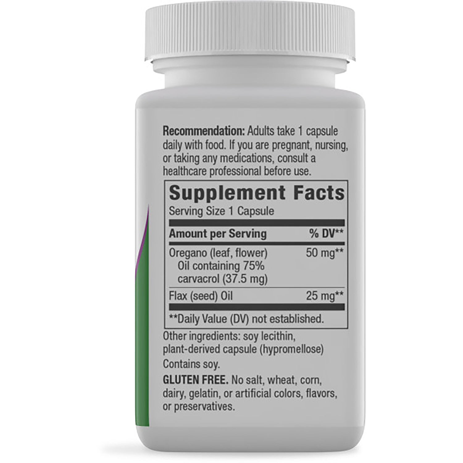 NW630 | Back of brown supplement bottle showing Supplement Facts panel listing Oregano oil 50 mg, Flaxseed Oil 25 mg and usage recommendation