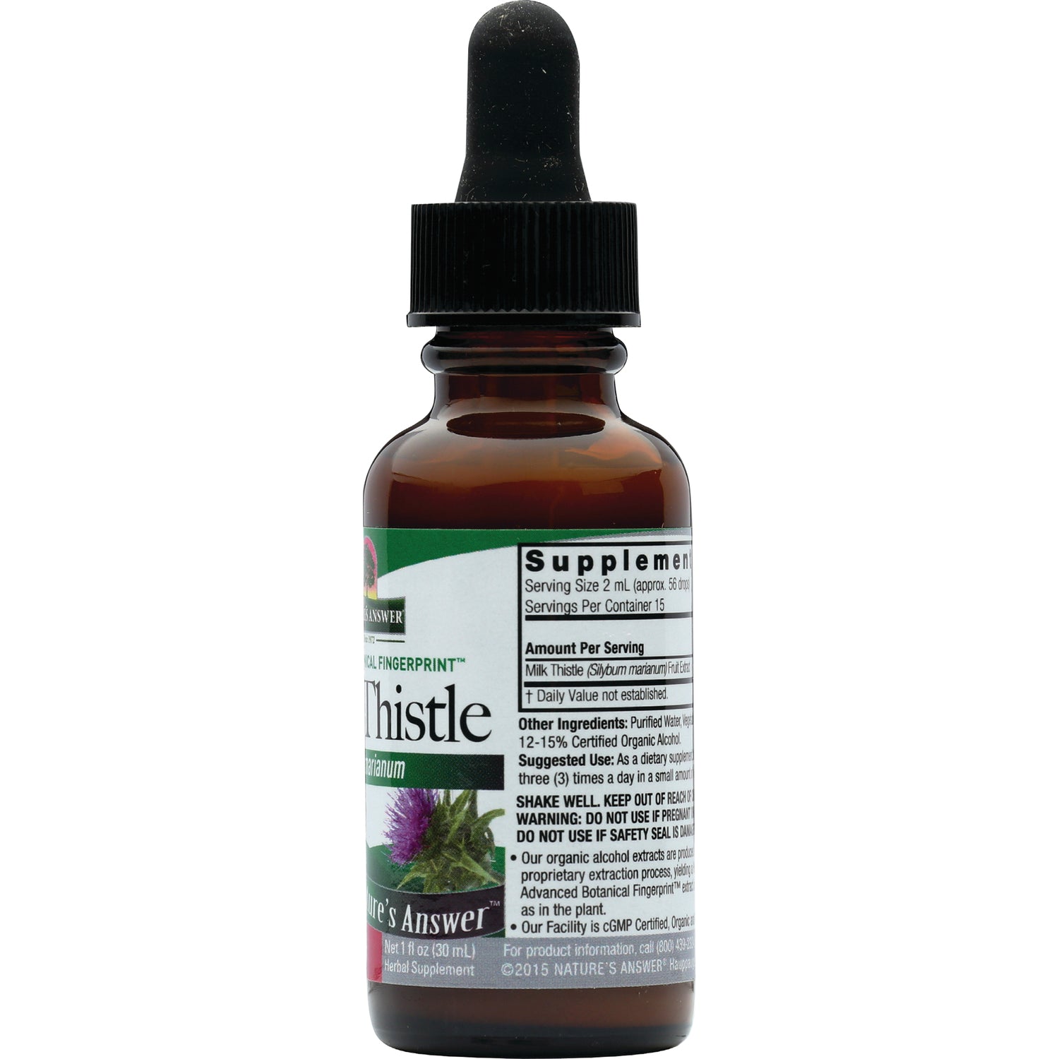 NAT279 | back of amber dropper bottle showing supplement facts label and Milk Thistle text