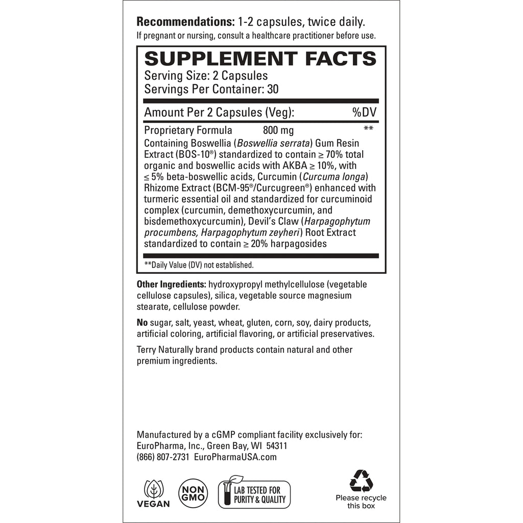 EUR005 | Supplement facts panel: serving size 2 capsules, proprietary formula and other ingredients, manufacturer and recycling symbols - Thumbnail