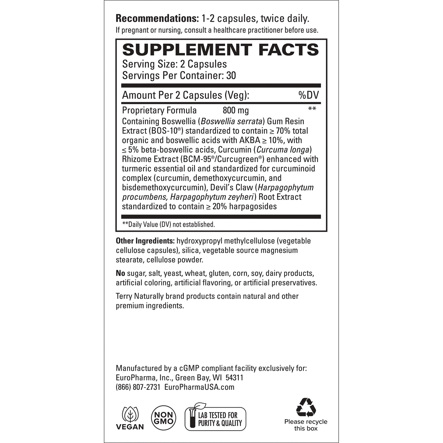 EUR005 | Supplement facts panel: serving size 2 capsules, proprietary formula and other ingredients, manufacturer and recycling symbols