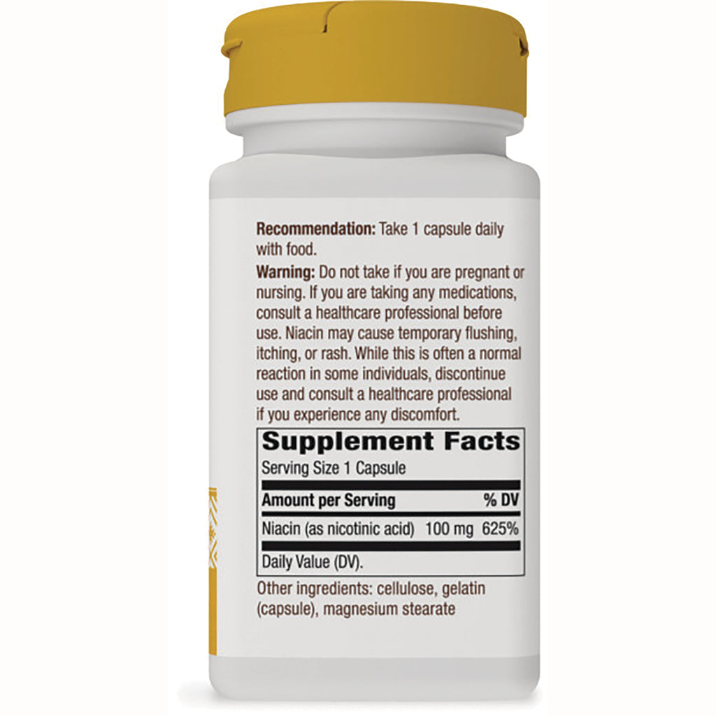 NW940 | Back of white supplement bottle showing Supplement Facts panel, serving size 1 capsule and Niacin 100 mg - Thumbnail