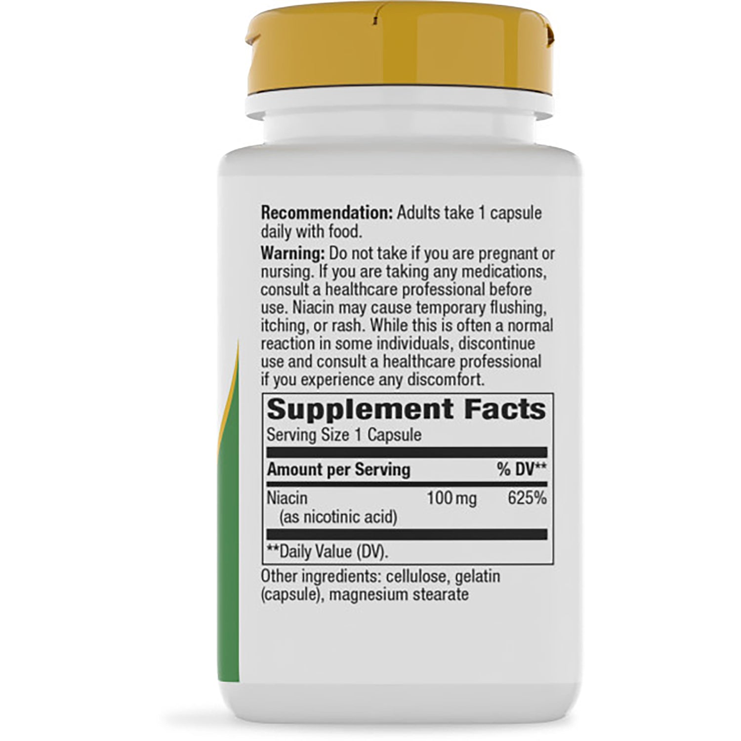 NW940 | Back of white supplement bottle showing Supplement Facts panel, serving size 1 capsule and Niacin 100 mg
