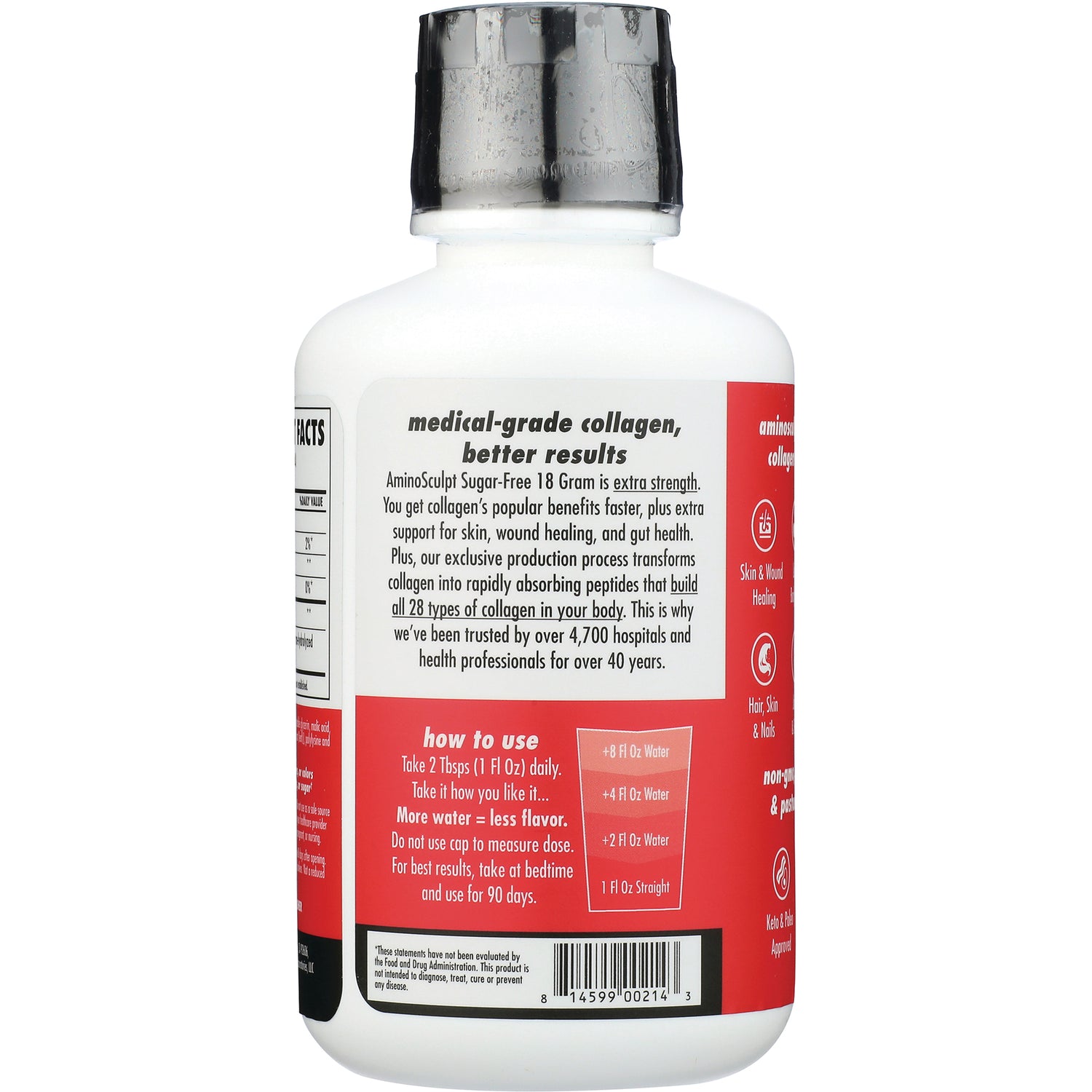 HD006 | back of white supplement bottle with red label showing how to use instructions, product information, and barcode