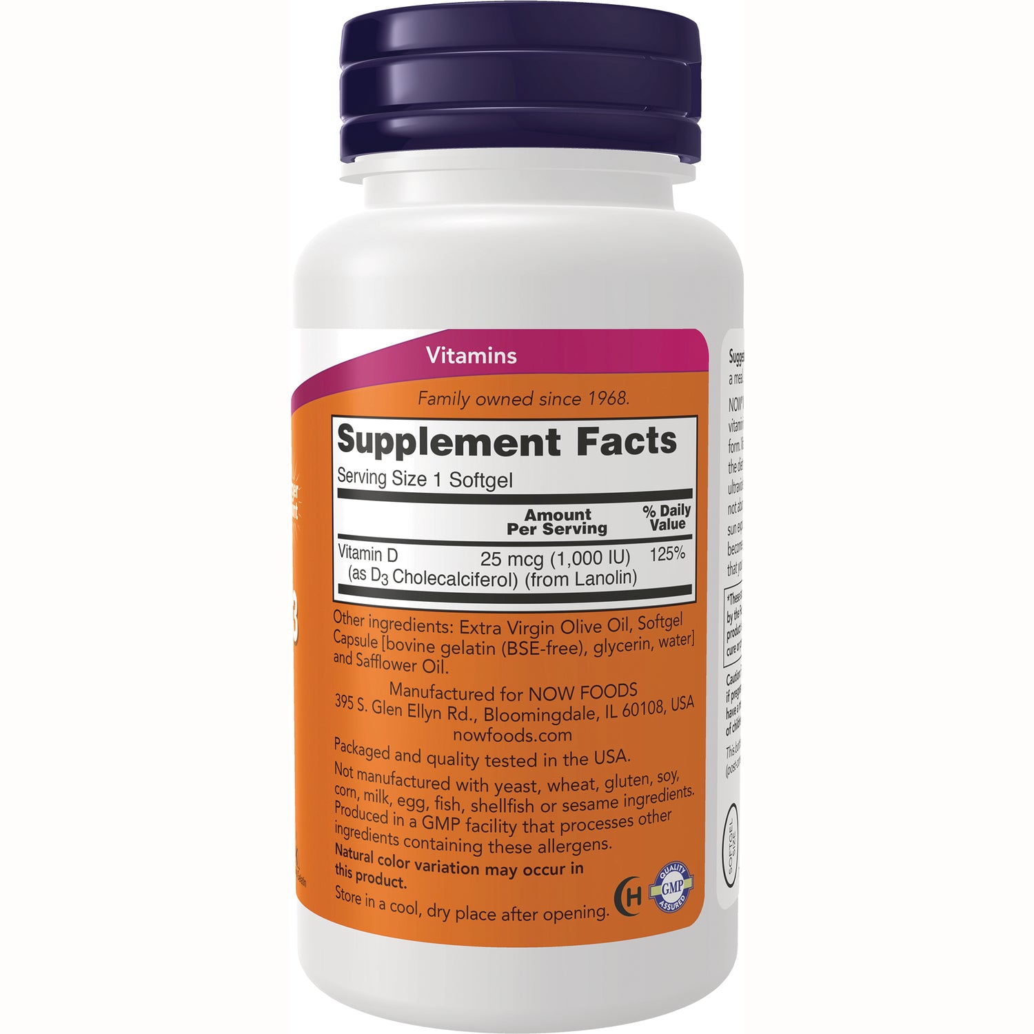 NWF514 | Back label of white supplement bottle showing Supplement Facts, Vitamin D 25 mcg and ingredients list