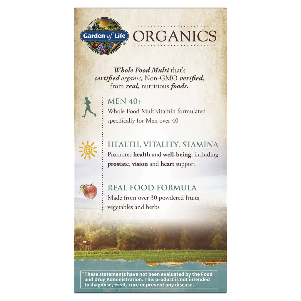 GLF182 | Garden of Life Organics product infographic listing benefits for Men 40+, health, vitality, stamina, and real food formula - Thumbnail