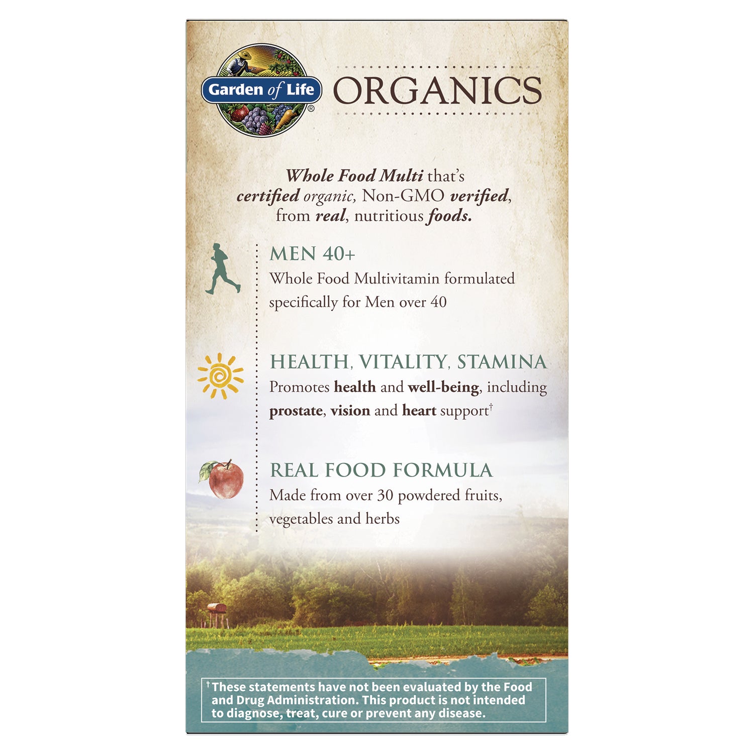 GLF182 | Garden of Life Organics product infographic listing benefits for Men 40+, health, vitality, stamina, and real food formula
